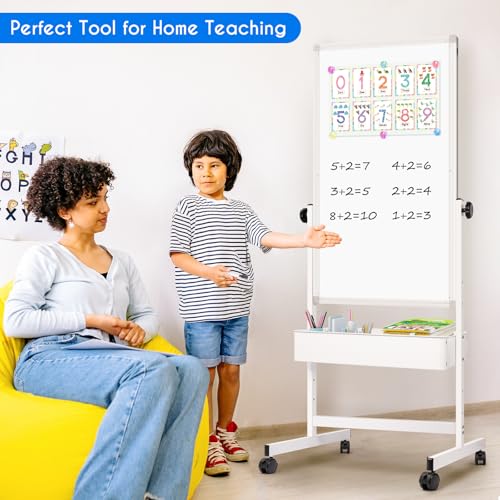 Maxtek White Magnetic Mobile Whiteboard on Wheels 40x24 with Storage Basket