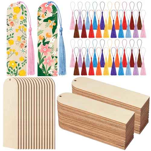 Ira Pollitt 50 PCS Unfinished Wood Bookmarks with 50 PCS Colorful Tassels - DIY Bookmarks for Christmas, Wedding, Birthday Party Decor