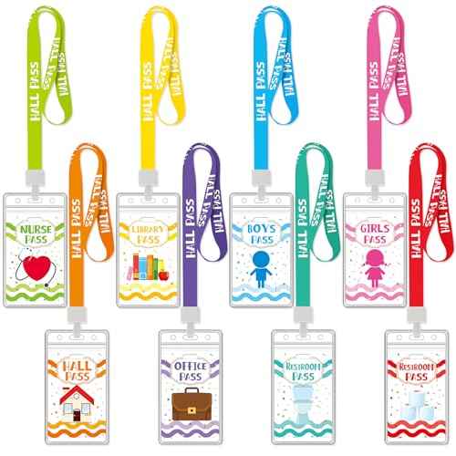 Ctosree 8 Sets Unbreakable Hall Pass Lanyards and School Passes Set with Clear Protection Case Cute Classroom Supplies for Classroom Elementary Middle School Restroom Library Office