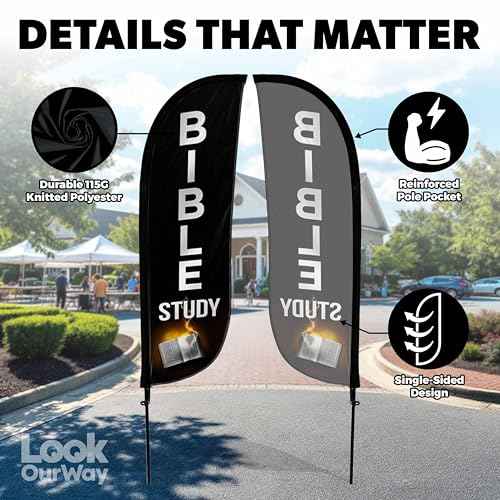 LookOurWay Feather Flag Pole Kit - 7 Feet Tall Advertising Banner with Fiberglass Pole Set and Ground Spike for Business Promotion - Church Flags - Bible Study Church