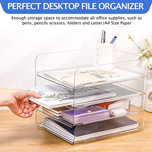 Set of 4 Office Organization and Storage, Clear PET Letter Tray Desk Organizer, Stackable Paper Tray Organizer for Desk Accessories, Notes, Pens, File Paper, Document