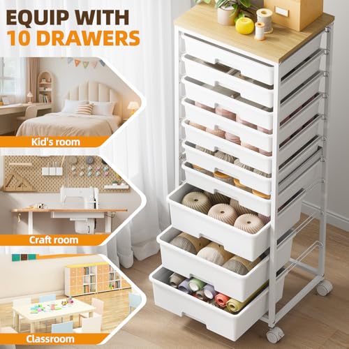 SYKIARIOL White Rolling 10-Drawer Cart with Wheels & Wooden Top - 42.2"H