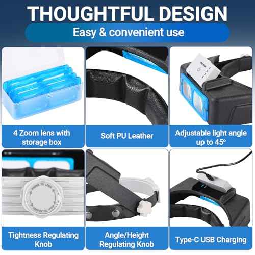 YOCTOSUN Magnifying Glasses with Light for Close Work, Rechargeable Headband Magnifier with 4 Lenses 1.5X-3.5X, Hands Free Magnifying Glass Visor for Jewelers, Crafts, Hobby