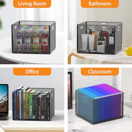 Hanging File Organizer, File Box Organizer with Handle, Metal Mesh Hanging File Folder Box, Letter Size Filing Crate Bin Holder for Home Office Desk(2 Pack)