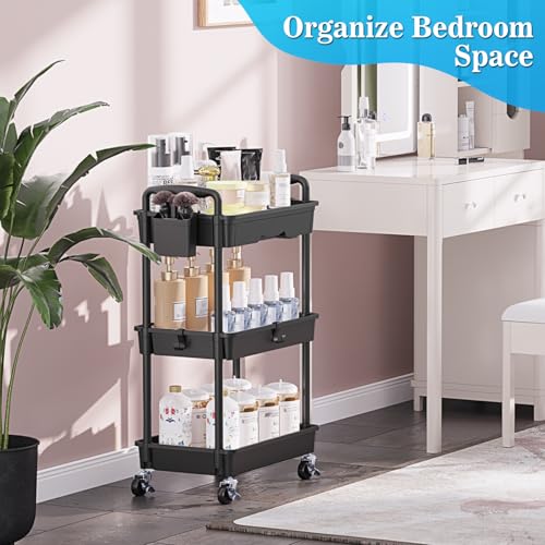 Black 3-Tier Rolling Storage Cart with Removable Drawers & Lockable Wheels