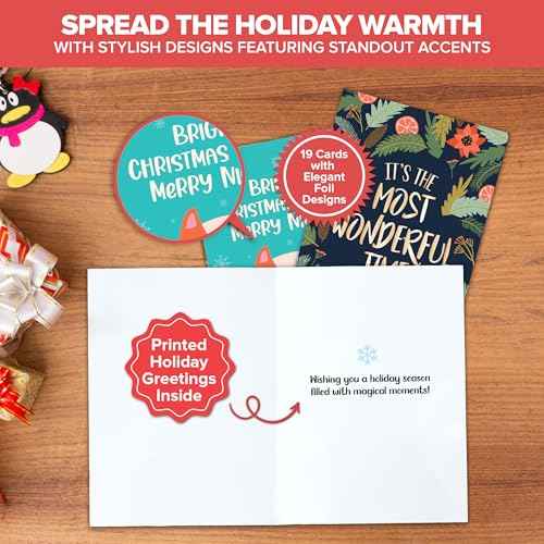 Decorably 50 Pack Foiled 5x7in Assorted Christmas Cards with Envelopes and Stickers, 50 Unique and Festive Designs Bulk Christmas Cards with Envelopes Bulk, with Printed Message Inside