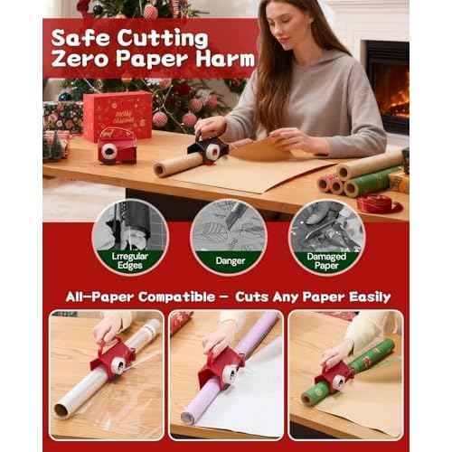 2 Pack Wrapping Paper Cutter & Tape Dispenser Dual Use, Gift Wrap Cutter Tool for Rolls Paper with 4 Tapes & 2 Replace Blades Kit for Christmas Birthday, Easy Cut for Present Wrapping