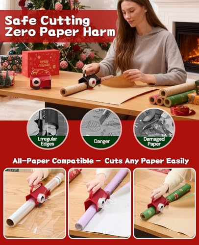 Dual Use Wrapping Paper Cutter & Tape Dispenser Kit - Safe, Easy Gift Wrap Tool with Blades & Tapes