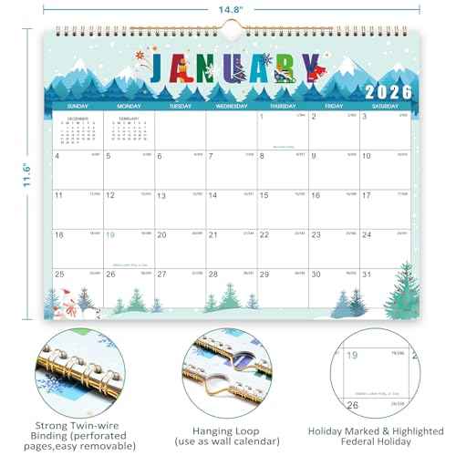 2026 Calendar - 2026 Wall Calendar, Jan. 2026 - Dec. 2026, 14.6'' x 11.4", 12 Months Hanging Monthly Calendar 2026, Holidays, Large Block, Twin-Wire Binding- 12 Different Themes