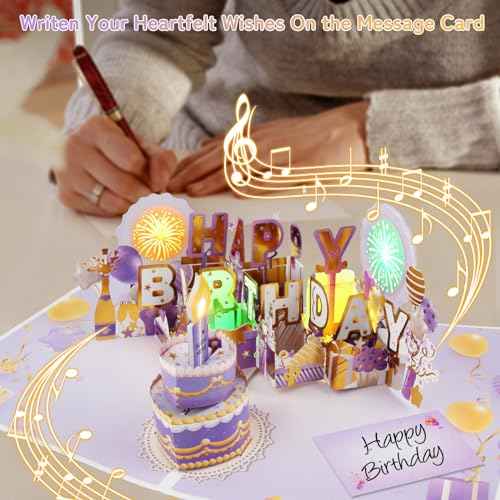 XTF2015 Firework Birthday Cards£¬Music & LED Lights 3D Pop Up Greeting Card with Blowable Birthday Cake, Comes with Digital DIY, Sticky Note and Envelope, for Lover, Family and Friend