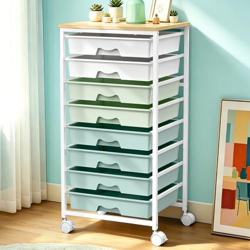 SUNALLY Green Rolling Cart with 8 Drawers, Heavy-Duty Storage Organizer