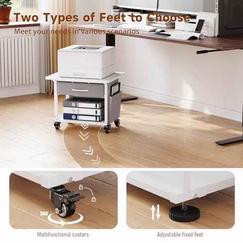2 Tier Printer Stand with Storage Drawer - Under Desk Rolling Printer Cart for Home Office, Small Printer Table with Industrial Locking Wheels fit Fax Machine/Scanner (White)