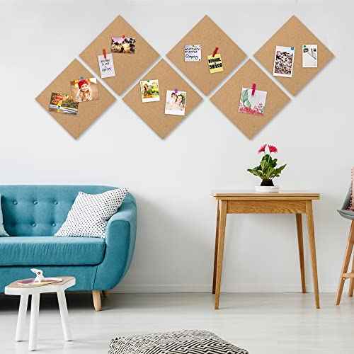 AKTOP Cork Board Bulletin Board 12x12, 1/2" Thick Cork Board Tiles 6 Pack, Small Square Pin Board for Wall, Self Adhesive Corkboards with 60 Push Pin Wood Clips for School, Home & Office