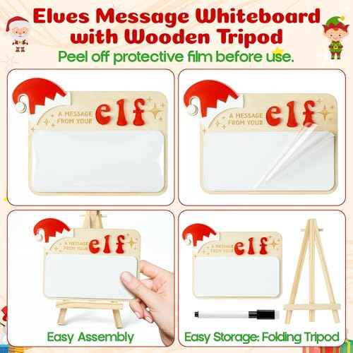 Eartim Christmas Elves Sign - 1Set Elves Message Board with Foldable Wood Tripod Easel Black Marker Dry Erase Whiteboard Home Table Decor Kids Birthday Christmas Gift Holiday Keepsake Xmas Party Favor