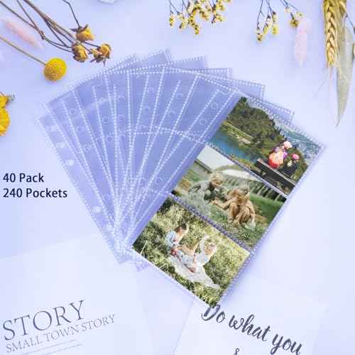 40 Pack 240 Pockets A6 Binder Business Card Sleeves, Ultra-Clear K-pop Photocard Sleeves, Double Sided 3 Pocket 6 Ring Planner Refill Pages for Business Card, Credit Card and K-pop Photocard