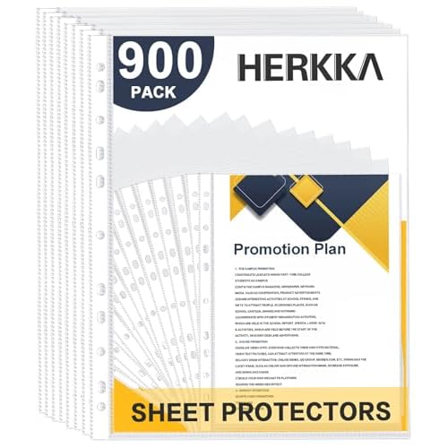Sheet Protectors, HERKKA 900 Pack Heavy Duty Clear Plastic Page Protectors Sheet Reinforced 11-Hole Fit for 3 Ring Binder Fits Standard 8.5 x 11 Paper, 9.25 x 11.25 Top Loaded, Acid Free