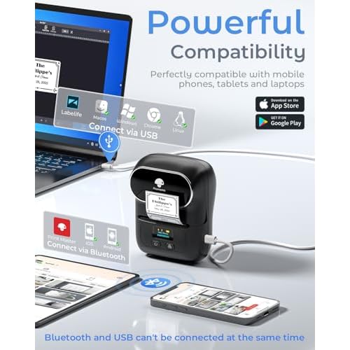 Phomemo M110 Label Makers - Barcode Label Printer Bluetooth Label Maker Portable Thermal Printer for Small Business, Address, Barcode, Logo, Clothing, Mailing, Sticker Printers for Phones & PC, Black