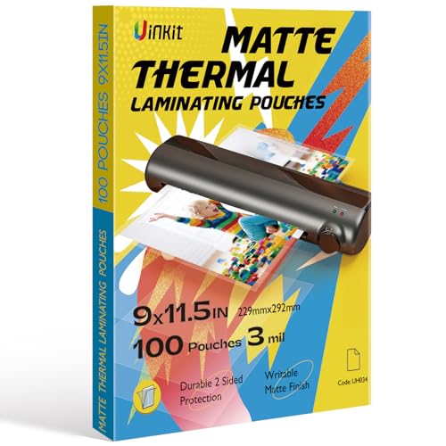 Uinkit Matte Thermal Laminating Pouches 9 x 11.5 Inches 3 Mil Thick Matte Finish 100 Sheets Large Package Fitted for Letter Size Laminating Sheets 8.5 x 11