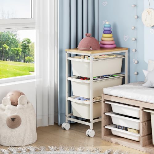 KINGBOARD White 3-Drawer Slim Rolling Cart with Wooden Top - 14.37 x 9.65 x 21.26 in