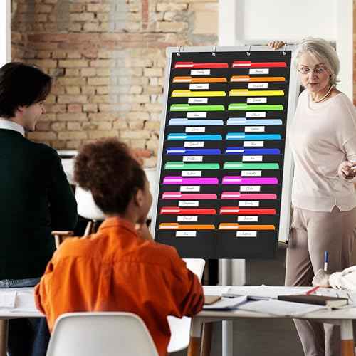 24 Pockets Heavy Duty Storage Chart, Hanging Wall File Organizer, Plus 4 Over Door Metal Hangers, 2 Markers & 24 Erasable Blank Cards, Organize Your Assignments, Files, Scrapbooks Papers (28¡± x 50.5¡±)