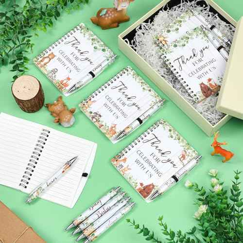 Skyygemm 30 Set Woodland Animal Baby Shower Favors Gifts for Guests Includes Woodland Animal Small Spiral Notebook Bulk Forest Retractable Ballpoint Pen Black Ink for Baby Shower Gender Reveal Guest