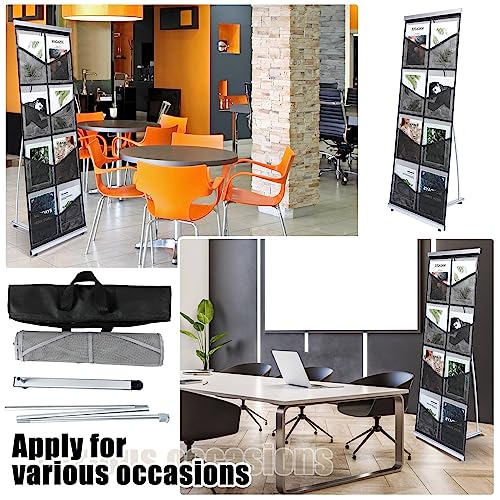 Outus Mesh Literature Brochure Holder with 8 Pocket Portable Magazine Display Roll Up Magazine Rack Lightweight Floor Standing Catalog Office Brochure Display Stand for Business Trade Shows (Black)