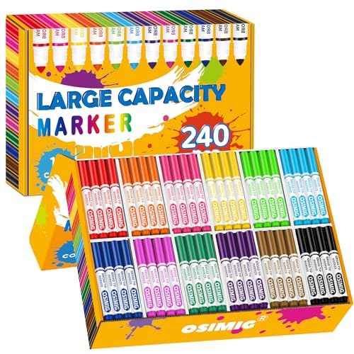 Washable Markers Bulk, 240 Count, 12 Assorted Colors, Markers for Classroom, Broad Line Conical Tip, Large Capacity, School Art Supplies for Kids