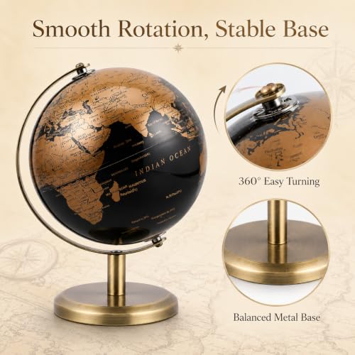 JOINPAYA Black Gold 6 Inch World Globe with Antique Bronze Stand Desktop Decor
