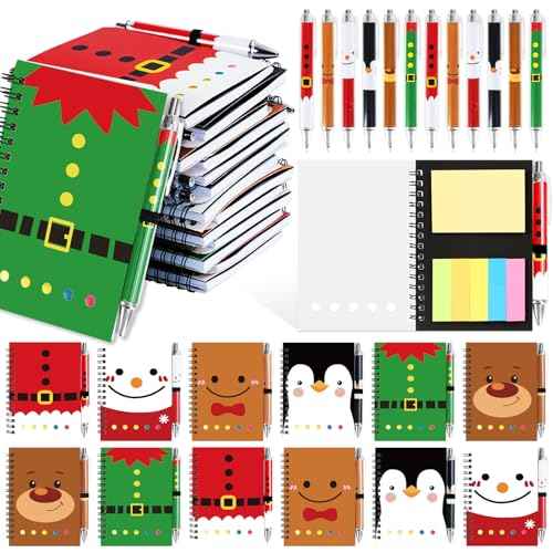 48 Pcs/24 Set Christmas Spiral Notepads Bulk Christmas Party Favors Gift Festive Christmas Theme Notebook with Sticky Note Notepad Ballpoint Pen for School Party Holiday Stocking Stuffer (Classic)