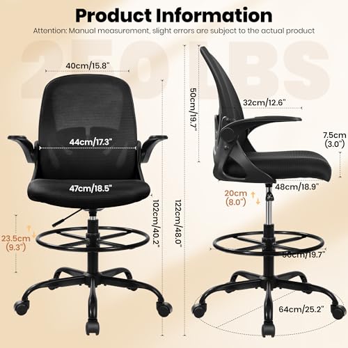 Primy Tall Office Drafting Chair Black with Flip-up Armrests & Lumbar Support - Model 934-Z