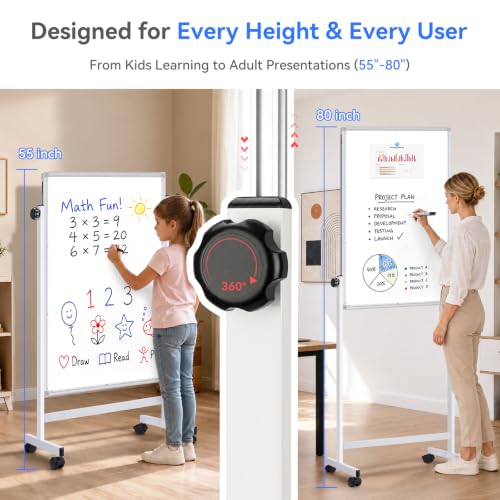 Maxtek White Magnetic Whiteboard on Wheels 44x28in Silver Adjustable Height