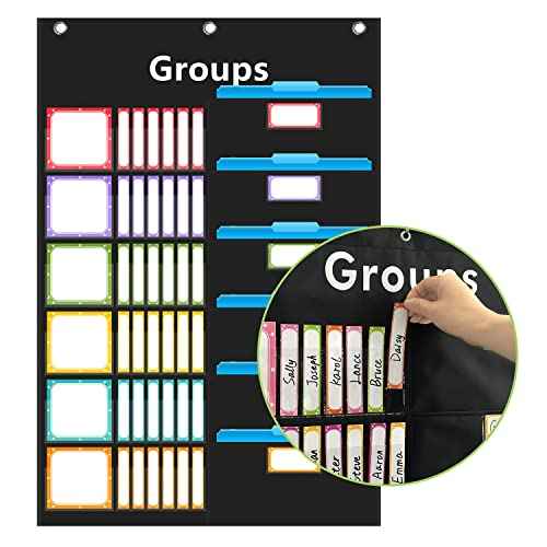 REGELETO Small Group Management Pocket Chart with 96 Cards Classroom Jobs Chart Small Group Organizer and on Task for School Teacher Elementary Preschool Learning Supplies (Black)