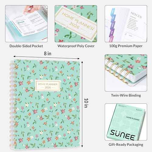 SUNEE Home Planner 2026, Work from Home Planner w/Stickers, JAN 2026 - DEC 2026, Monthly Budget Planner, Checklists for Routines and Goals, Weekly Calendar, Ideal for Gift, Poly Laminated Cover,Floral