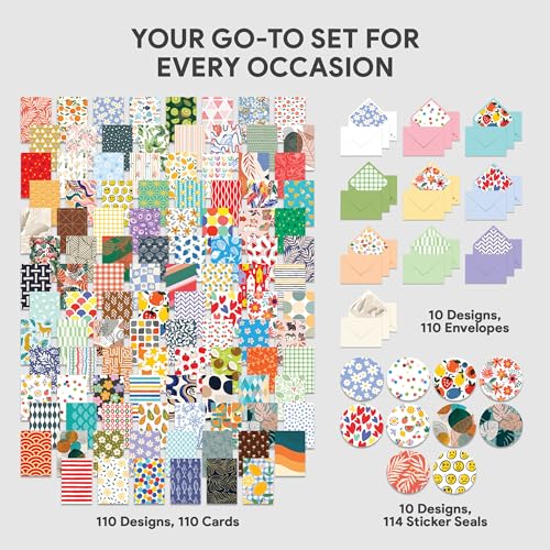 Decorably 110 Pack 4x6in Assorted Blank Cards and Envelopes Bulk with Stickers - 110 Unique Designs Folded Bulk Blank Cards with Envelopes for All Occasions, Birthday, Kids Party, Anniversary