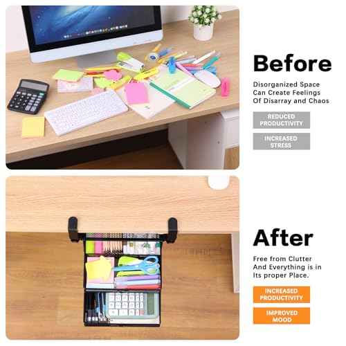 2-Tier Clamp-On Mesh Organizer, Under Desk Storage with Slide-Out Tray, No Drilling Tool-Free Installation, Durable Rust-Resistant Metal, Large-Capacity Organizer.