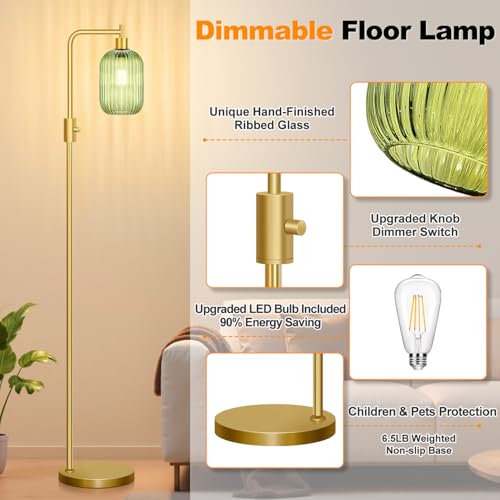 ¡¼Upgraded¡½ Dimmable Glass Floor Lamp for Living Room, Modern Gold Standing Lamp with Green Ribbed Glass Lampshade & Knob Dimmer, Arc Tall Lamp for Bedroom Office Reading Room, 2700K Led Bulb Included