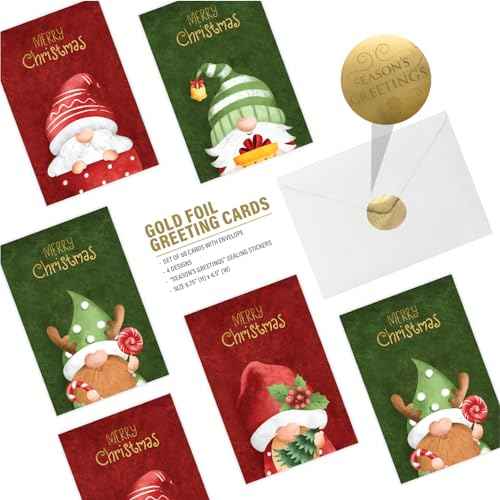 easykart labels 60 Christmas Gnome Cards with Envelopes & Sealing Stickers, 4 Christmas Theme Santa Designs With Gold Foling effect, 6.75" x 4.5" For Friends, Family and loved Ones