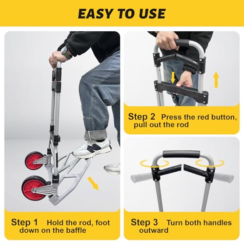360 LBS Folding Hand Truck Dolly Cart, Upgraded Aluminum Hub Frame, Portable Aluminum Dolly Cart with Swivel Handle and Elastic Cord for Moving, Warehousing, Shopping,Travel, Office Use (Sliver)