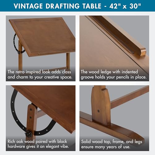 Studio Designs Vintage Rustic Oak Drafting Table - 42x30 Adjustable Work Surface