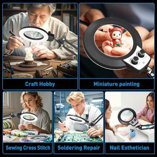 KIRKAS 12X Magnifying Glass with Light, Long Swing Arm, Any Color Modes & Stepless Dimming LED Magnifying Lamp with Clamp, Memory Function Lighted Magnifier for Crafts, Reading, Hobby, Close Work
