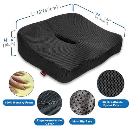 Seat Cushion - Memory Foam Cushion for Office Chairs, Car, Home & Wheelchair - Ergonomic Coccyx, Sciatica, Tailbone Pain Relief Pillow with Ventilated Design - Comfort Pad for Long Sitting