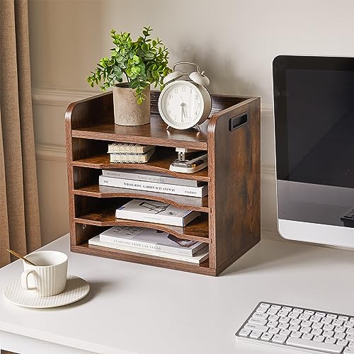 YMYNY Desktop File Organizer with Handle, Document Letter Mail Tray Sorter with 3 Adjustable Shelves, 5 Tiers Paper Holder for School Home Office Desk, Rustic Brown,13.4 * 12.4 * 9.06" UHBC006H
