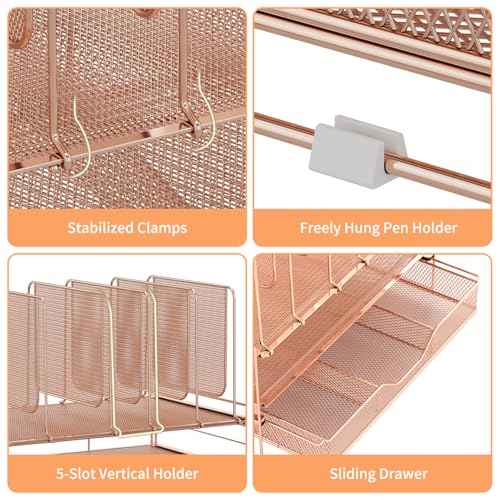 Rose Gold Desk Organizer, Office Organization with Vertical File Holder, File Organizer with Drawer and Office Supplies, Desk Accessories and Workspace Organizers (Rose Gold)