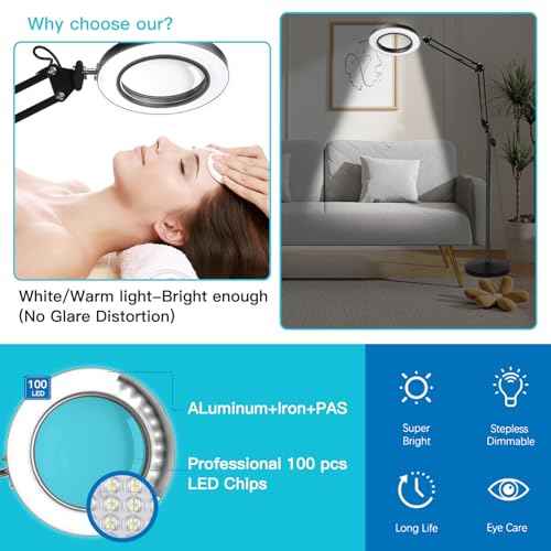 10X Magnifying Floor Lamp, 3-in-1 Hands Free Magnifying Glass with Light and Stand, 2 Color Modes with Clamp for Esthetician Facials Close Work Reading