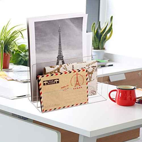 Crystal Clear Acrylic Desktop File Sorter Thick Cast Holder for Document Paper Letter Book Envelope Laptop Eyeshadow Makeup Palette office File Organizer Stand Rack on Office Desktop