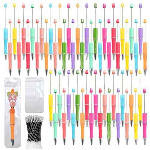150 Pieces DIY Beadable Pens Kit - 50 plastic Beadable Pens Bulk, Refills & pen bags Included - Beaded Pens Black Ink Ballpoint Cute Pens£¨Bright£©