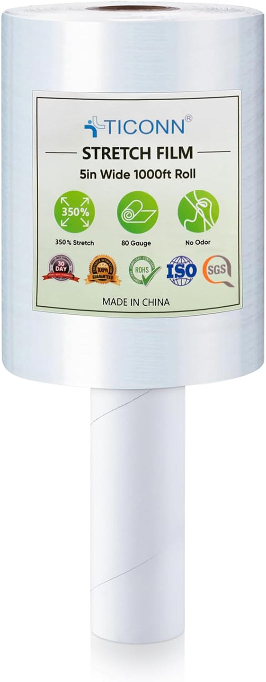 TICONN Stretch Wrap Film Roll - 1000ft Industrial Strength Clear Plastic Wrap with Handles | 5 Inch Wide