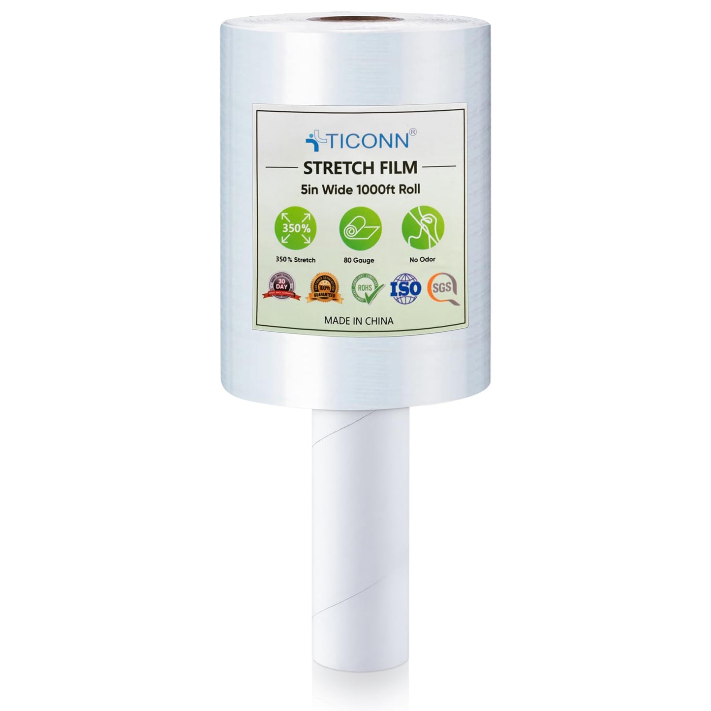 TICONN Stretch Wrap Stretch Film Roll, 1000ft Industrial Strength 5 inch Wide Clear Plastic Wrap with Handles for Pallet Wrapping Shipping Moving