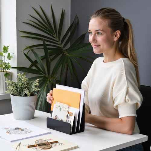 Desktop Mail Organizer ? 3-Slot Black Metal Letter Holder and Bill Sorter for Office and Home