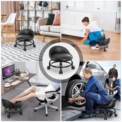 LWADALN Style 4 Rolling Stool with Backrest – 9.37in Height, 300lb Capacity, PU Leather